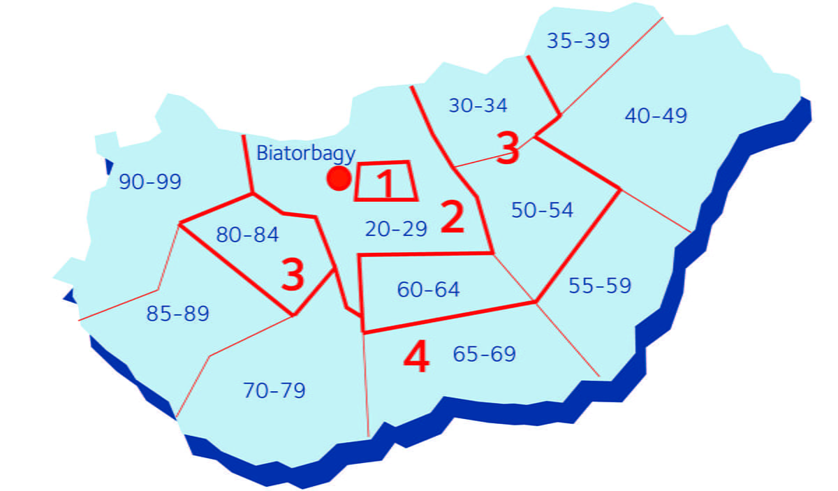 Kartta: Unkari postinumeroalueet ja DSV:n terminaali kartalla